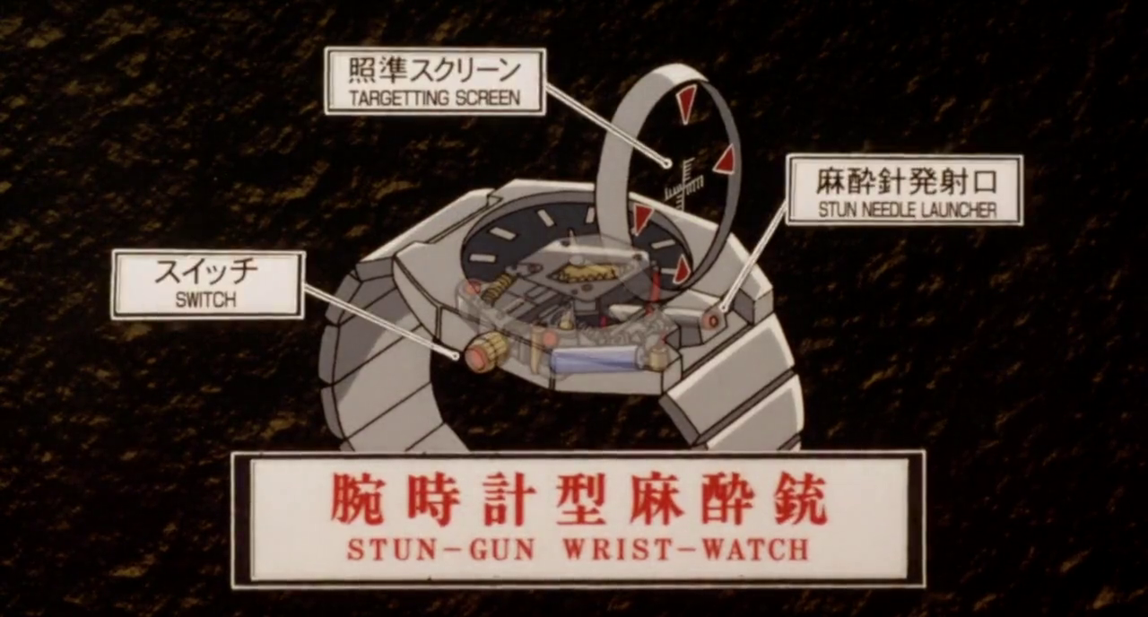 Dr. Agasa's Stun-Gun Wrist-Watch showing a superimposed semi-transparent image of the mecanism inside. There are labels for the switch, the targetting screen, and stun needle launcher.