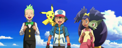Cilan, Ash, and Iris talking and laughing on their journey.