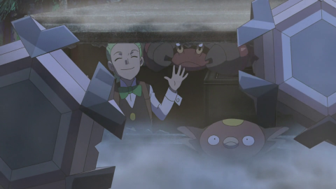 Cilan makes a happy face at the Cryogonal as they discover he is alone in the train.