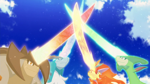 The (now) Four Sacred Swordsmen clink their energy horns.