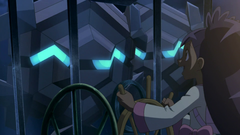Iris makes a happy face at the Cryogonal as they discover she is alone in the blimp.