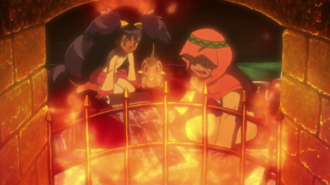 A flashback of Iris and her grandma sitting by the fireplace and talking about Kyurem.