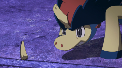 The tip of Keldeo's horn is snapped off by Kyurem's attack. Keldeo sees the broken piece of his horn on the ground next to him, and struggles to pull himself together and stand back up.