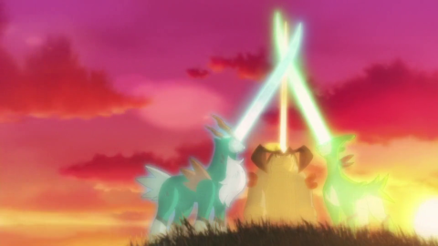 The three Sacred Swordsmen clink their energy horns.