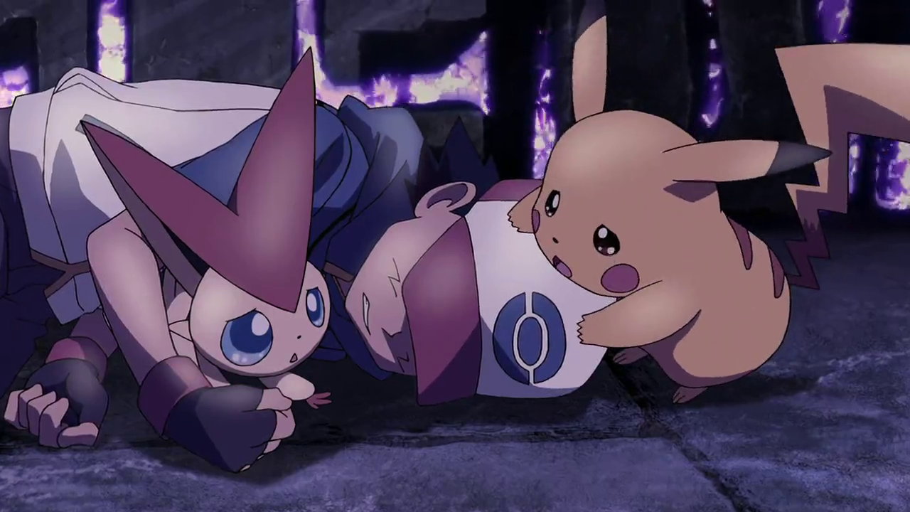 Ash freezing to death with Victini and Pikachu.