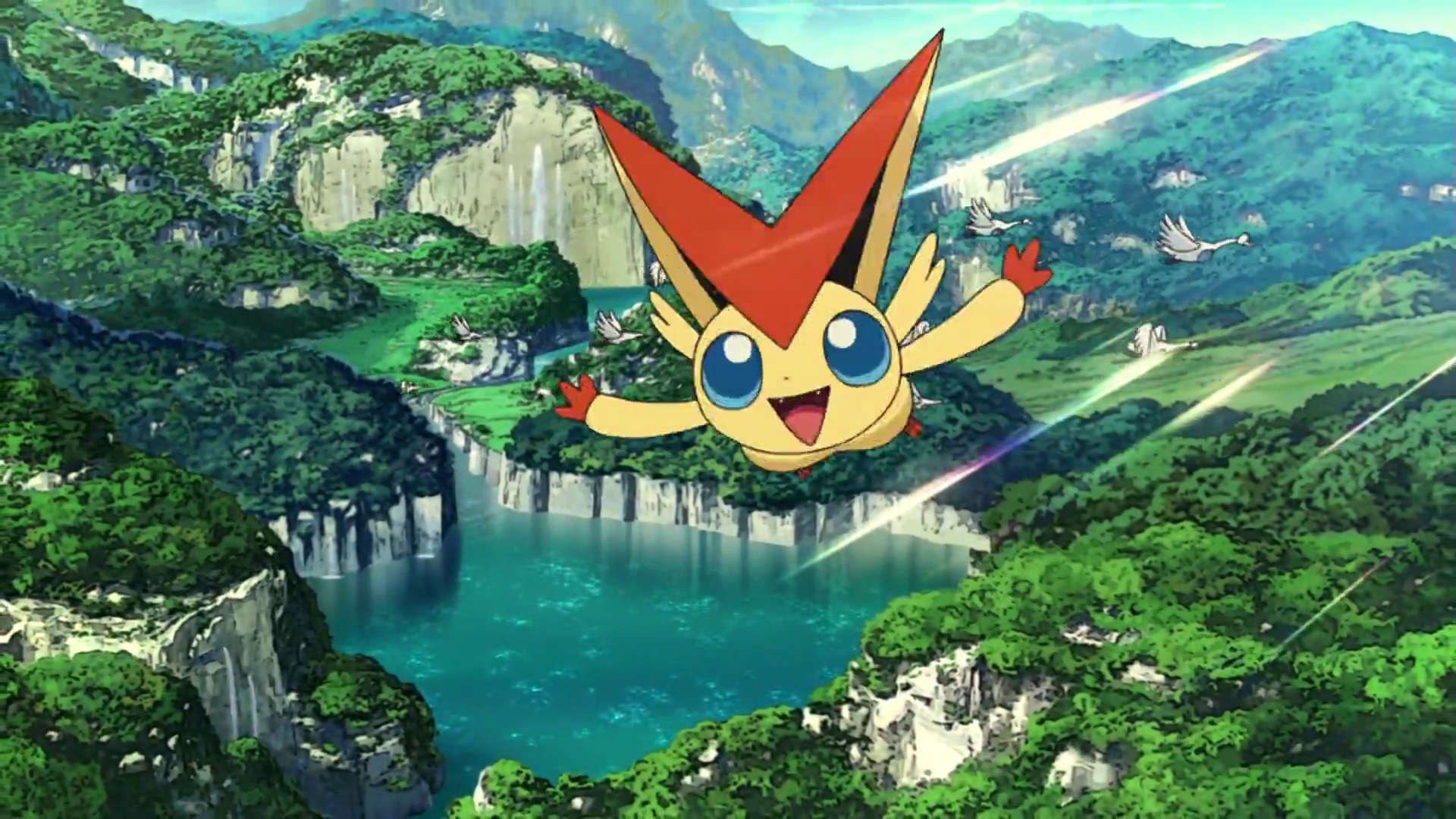 Victini flies over a vision of the revitalized Vale.